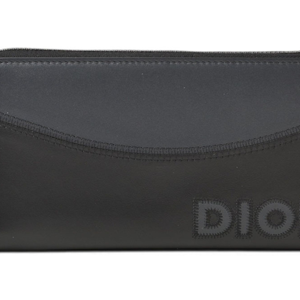 Dior Homme Long Wallet, Round Leather Embroidered Black Zip Wallet for Men